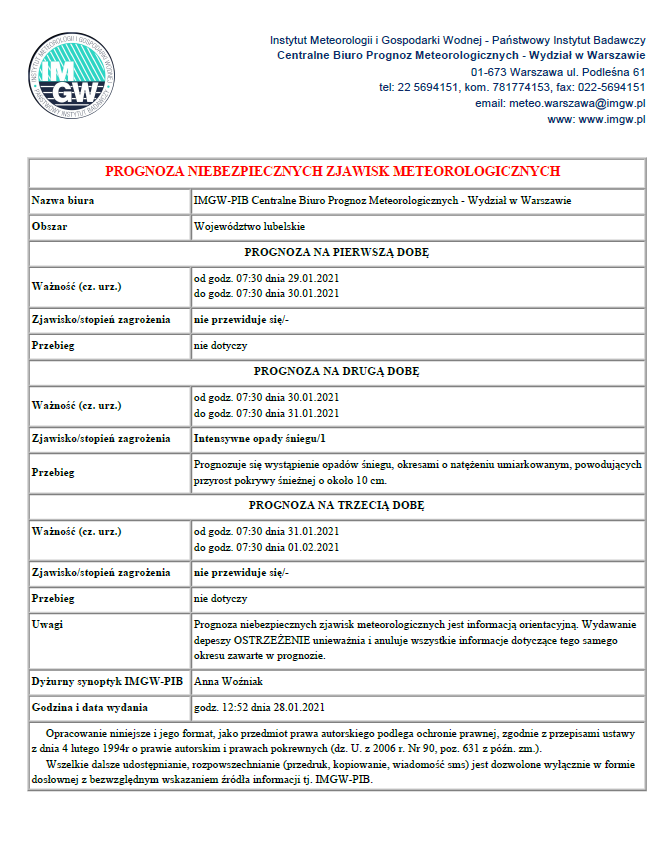 Powiatowe Centrum Zarządzania Kryzysowego w Lublinie przedstawia prognozę niebezpiecznych zjawisk meteorologicznych na najbliższe dni (29.01.2021-01.02.2021).