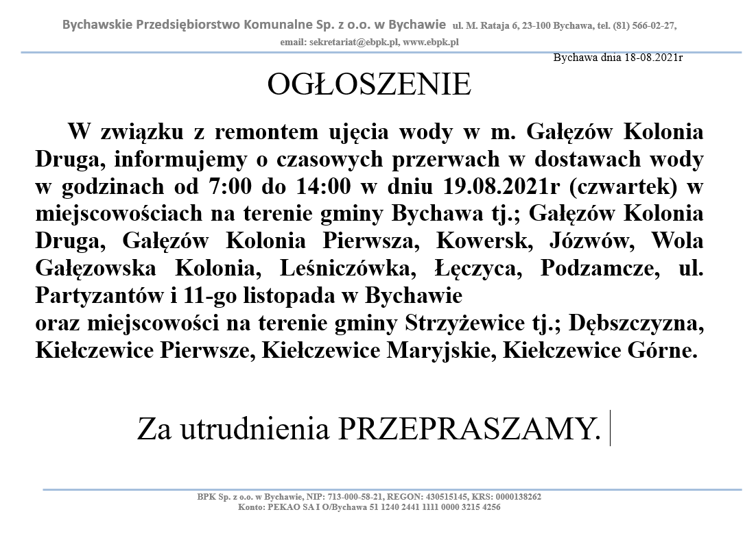 ozawiadomienie o przerwie w dostawie wody 